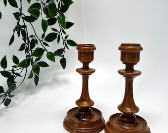 Vintage 1950s Olive Wood Candlestick Holders, Pair, Stamped Jerusalem