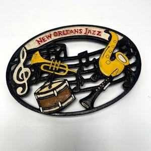 Vintage New Orleans Jazz Cast Iron Trivet, Oval Pot Stand, Music Notes