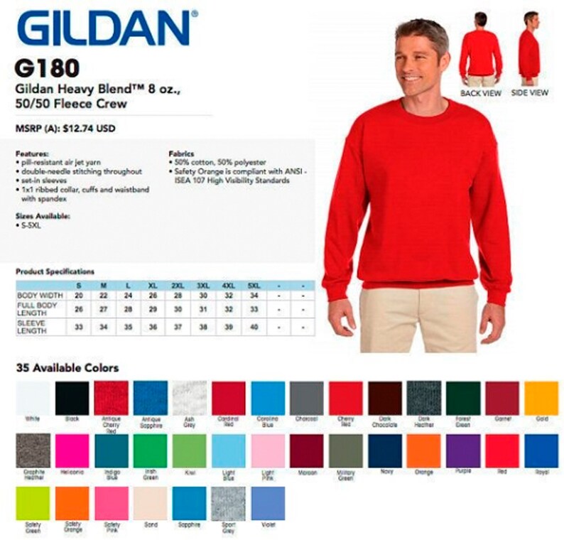 Puede incluir: Una sudadera roja Gildan Heavy Blend 8 oz. 50/50 Fleece Crew con el texto "Gildan G180" y "MSRP (A): $ 12,74 USD" en la esquina superior izquierda. La sudadera se muestra en un modelo que la lleva puesta. Una tabla de tallas y una tabla de colores se muestran debajo del modelo. La tabla de colores muestra 35 colores diferentes.