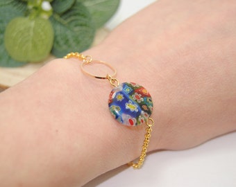 bracelet fin doré avec perles en verre de Murano colorés et cerceaux, ajustables au poignet, acier inoxydable, idéal pour cadeau femme