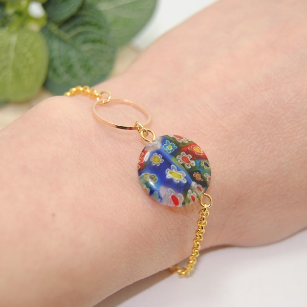 bracelet fin doré avec perles en verre de Murano colorés et cerceaux, ajustables au poignet, acier inoxydable, idéal pour cadeau femme