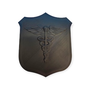 May include: A black shield-shaped plaque with a raised, three-dimensional image of the caduceus, a symbol of medicine, featuring a staff with two snakes intertwined around it and wings at the top.