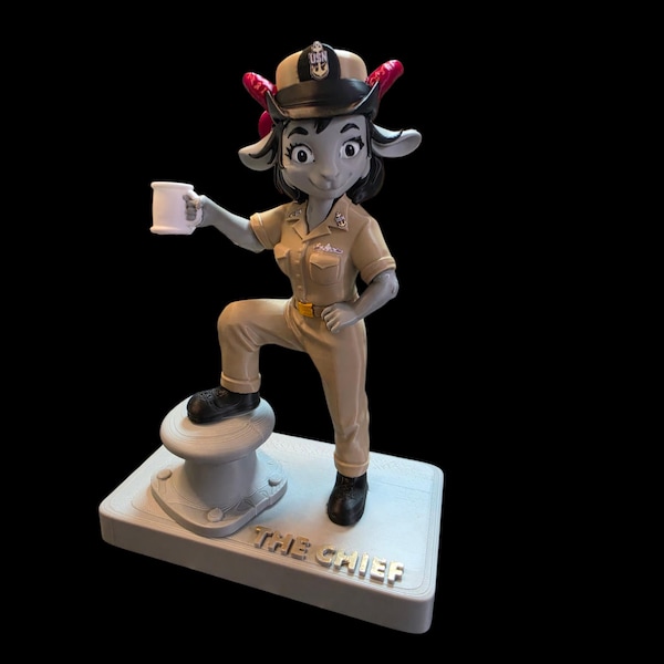 Navy Female Cartoon Goat Chief Figurine | Khaki Moments Collection | 8" Customizable Rank & Warfare Device