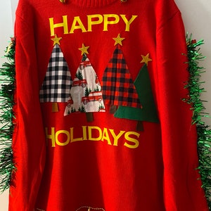 Pull de Noël moche en tricot rouge unique : arbre de Noël fait main