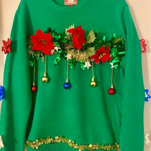 Handmade Ugly Christmas Sweater: Poinsettia & Ornament Embellished