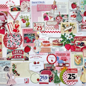 Retro Kitchen Strawberry Ephemera Kit for Journal Embellishment, 85+ Piece Strawberry Junk Journal Kit, Heritage Recipe Cookbook Ephemera