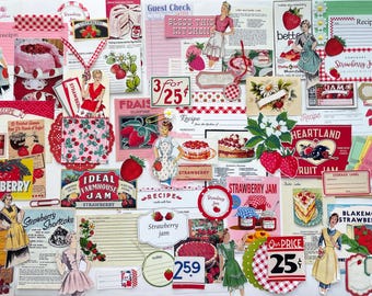 Retro Kitchen Strawberry Ephemera Kit for Journal Embellishment, 85+ Piece Strawberry Junk Journal Kit, Heritage Recipe Cookbook Ephemera