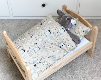Handgemaakte IKEA DUKTIG teddybeer-beddengoedset pop – beige katoenen quilt en kussen konijn konijn print voor poppen, cadeau voor jongens en meisjes
