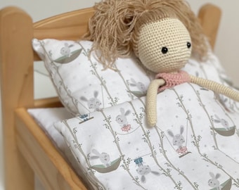Beddengoed voor poppen met konijntjesprint – 100% katoenen dekbed en kussen, IKEA Duktig-ledikant
