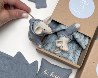 Handmade Linen Mouse Set – Stuffed Toy, Pillow & Bedding