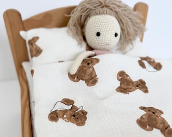 Doll Bedding Set for IKEA Doll Bed | Handmade Double Gauze Cotton Teddy Bear Bedding | Montessori Toy