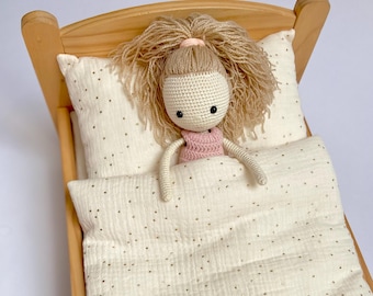 Handmade Muslin Doll Bedding Set – Vanilla with Golden Dots, Fits IKEA Doll Bed