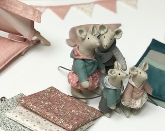 Linen Mouse Family – Handmade Stuffed Toy Set with Tent
