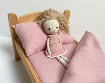 ikea duktig doll bedding - bedding for doll - doll bedding -candy  pink muslin doll bedding - bedding set for dolls - doll cot bedding