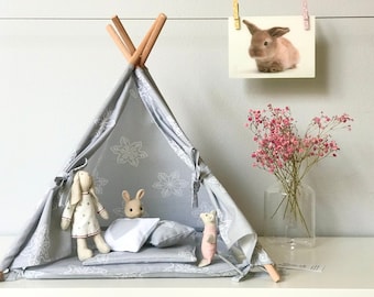 teepee tent  - small  teepee for dolls buddies - boho doll tent - mini camping - camping play set - dollhouse - pet tent - tent for mouse