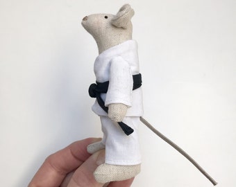Linen Karate Mouse Doll: Handmade Sensei Gift