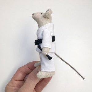 Karate Mouse Doll,  Soft Sensei Toy with Black Belt, Handmade Gift for Boy, Plastic-Free