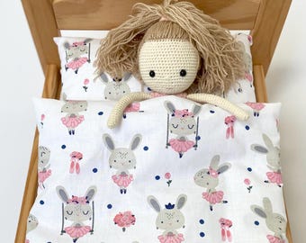 Bunny Rabbit-beddengoed voor poppen – 100% katoenen dekbed en kussen, handgemaakt zacht poppenbeddengoed voor IKEA Duktig-poppenbedje, cadeau voor kinderen