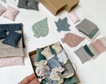 Linen Mouse Family – Handmade Heirloom Toy Set, Fabric Playhouse