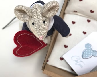 Linen Mouse Doll: Handmade Sailor Mouse with Bedding Set
