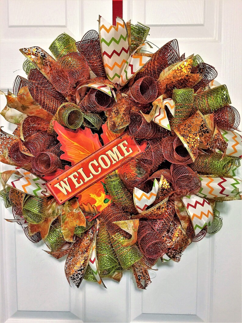 Fall Maple Leaf Welcome Wreath, Orange Copper Deco Mesh - Etsy