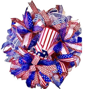 Patriotic wreath for the front door, red white and blue wreath, Uncle Sam wreath, patriotic holiday wreath