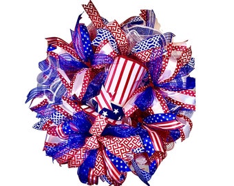 Patriotic wreath for the front door, red white and blue wreath, Uncle Sam wreath, patriotic holiday wreath