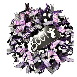 Halloween ghost wreath, front door purple and black fall decor