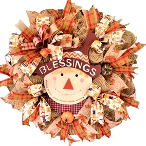 Fall Scarecrow wreath, front door orange and beige Thanksgiving decor