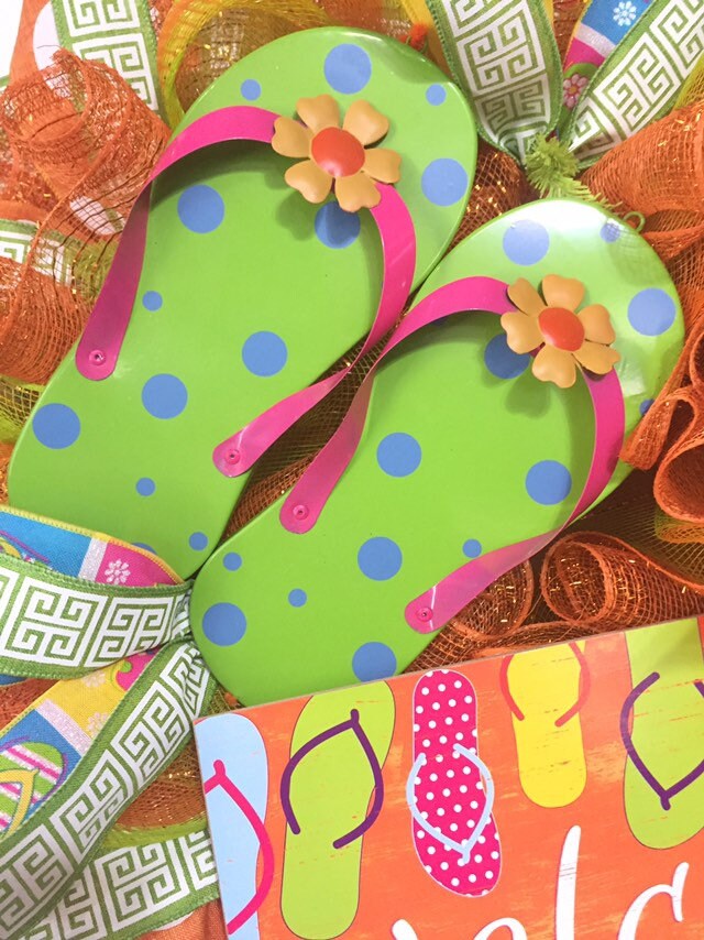 Summer Flip Flop Wreath, Front Door Tropical Decor, Welcome Door Hanger ...