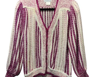 Vintage Nannell Cardigan Sweater Angora Wool Pink Cream Embellished Striped M