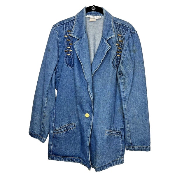 Vintage Denim Blazer Jacket Womens Large 80s 90s Saint Germain Paris