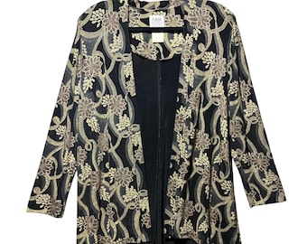 Vintage R&M Richards Floral Scroll Open Front Jacket Top Black Gold Size 10
