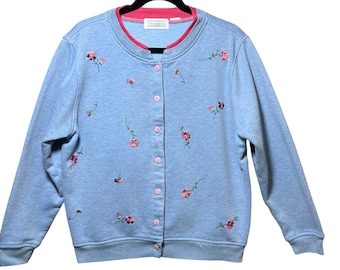 Vintage Shenanigans Floral Embroidered Button Front Sweatshirt Cardigan Blue L