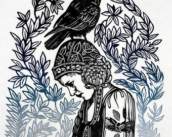 Crow Lady No. 6 - Original Handcarved Linocut Linoprint, Limited edition featuring Mythical Botanical Motif with Woman and Raven