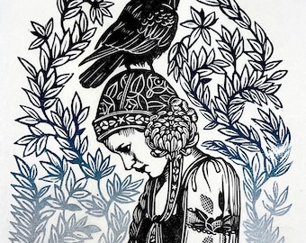 Crow Lady No. 6 - Original Handcarved Linocut Linoprint, Limited edition featuring Mythical Botanical Motif with Woman and Raven