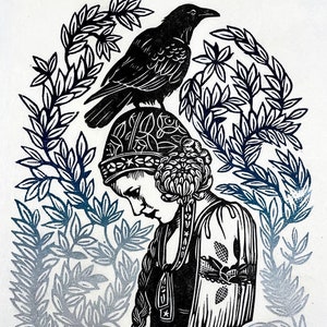 Crow Lady No. 6 - Original Handcarved Linocut Linoprint, Limited edition featuring Mythical Botanical Motif with Woman and Raven