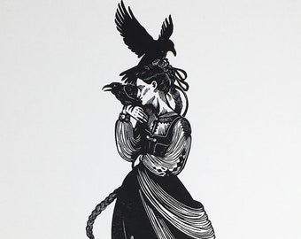 Crow Lady No. 5 - Original Handcarved Linocut Linoprint, B/W Limited edition featuring Mythical Motif with Woman and Raven