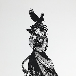 Crow Lady No. 5 - Original Handcarved Linocut Linoprint, B/W Limited edition featuring Mythical Motif with Woman and Raven