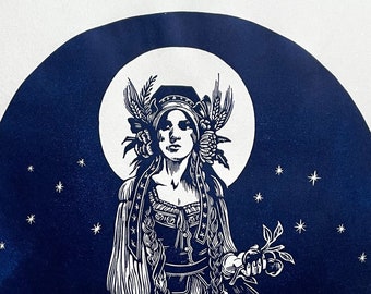 The Applepicker Prussian blue -  Original Handcarved Linocut print, Limited edition featuring Idunn Eve Witch with apples botanical folkart