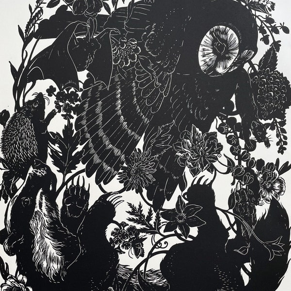 Nightworld original linocut - artwork featuring Owl Badger Bat Hedgehog Mouse Firefly Botanicals and more <3