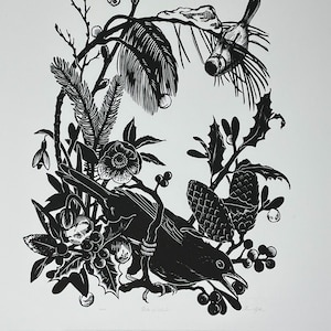 Rite of Winter - Original handcarved Linocut print, limited edition B/W, featuring birds and flowers