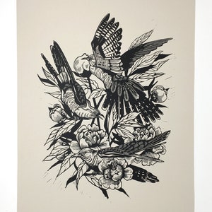 Cuckoos and Peonies - Original handcarved Linocut linoprint, limited edition B/W, featuring birds and flowers