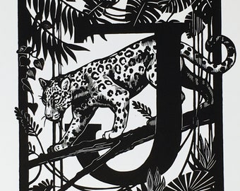 Linocut ABC "J is for..." - Original handcarved Linoprint Artwork Alphabet, L.E. B/W, featuring Jaguar, jungle, botanical art (Leopard, Cat)