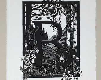 Linocut ABC "B is for..." - Original handcarved Linoprint Artwork Alphabet, limited edition B/W, featuring Bear, Berries and Birch trees
