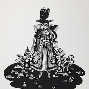 Crow Lady No.4 - オリジナル手彫りリノカットリノプリント、女性とカラスの神話的モチーフを描いた白黒限定版