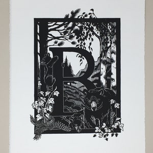 Linocut ABC &quot;B is for...&quot; - Original handcarved Linoprint Artwork Alphabet, limited edition B/W, featuring Bear, Berries and Birch trees
