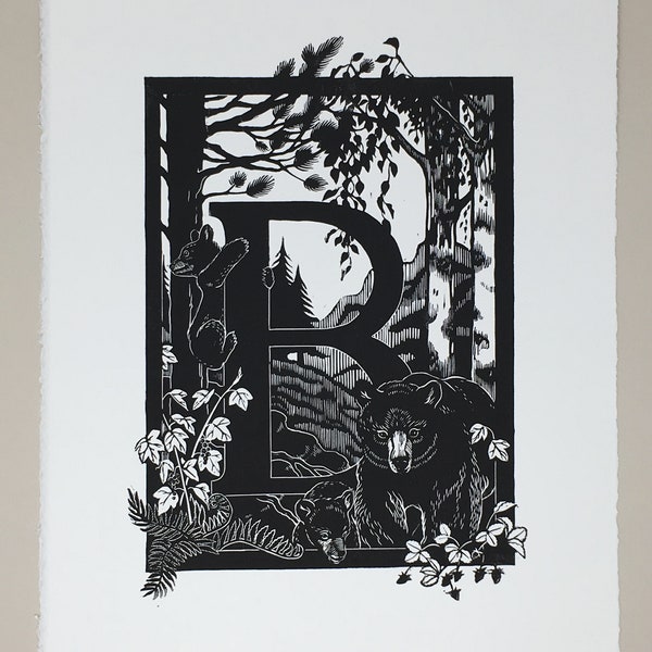 Linocut ABC "B is for..." - Original handcarved Linoprint Artwork Alphabet, limited edition B/W, featuring Bear, Berries and Birch trees