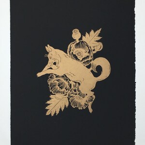 Poppy Fox Linocut - Original Handcarved Handmade Linocut Linoprint Artwork, Limited edition in Gold, featuring Fox and Floral Design