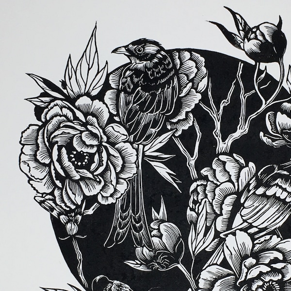 Chinoiserie I - Original handcarved Linocut print, limited edition B/W, featuring birds and flowers